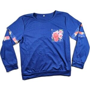 Womens Long Sleeved Crew Neck Blue Floral Sweater XL